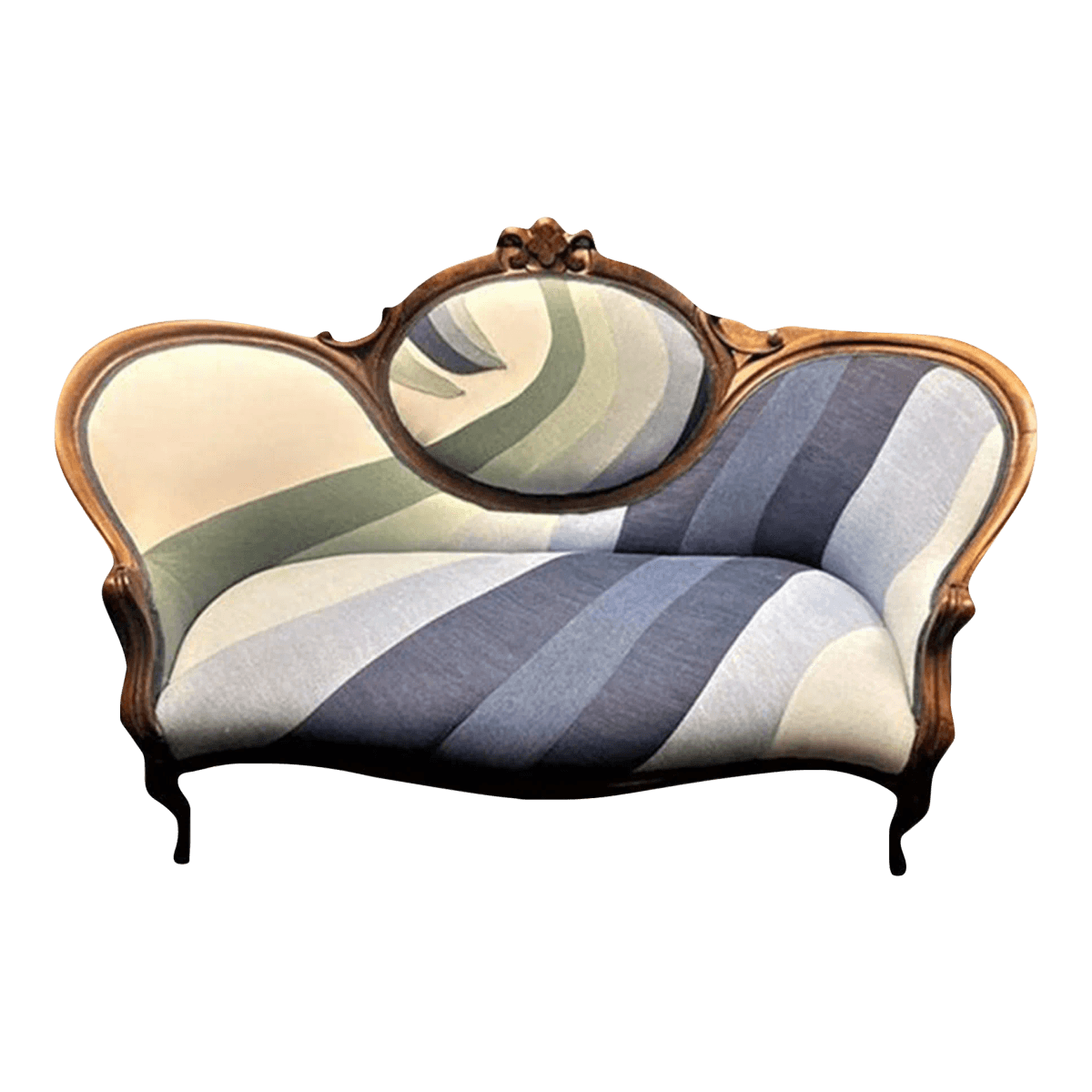 Mid 19th Century Walnut and Burlwood Parlor Medallion Sofa Reupholstered in 'New Wave' Design - Thumbnail 2