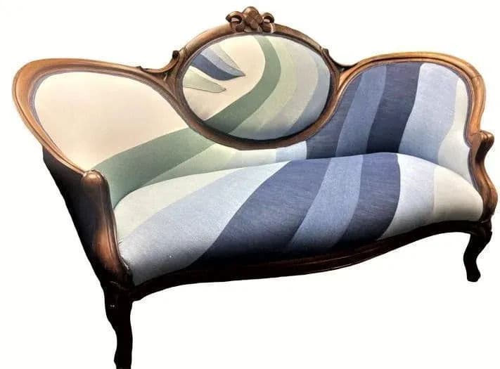 Mid 19th Century Walnut and Burlwood Parlor Medallion Sofa Reupholstered in 'New Wave' Design - Thumbnail 6