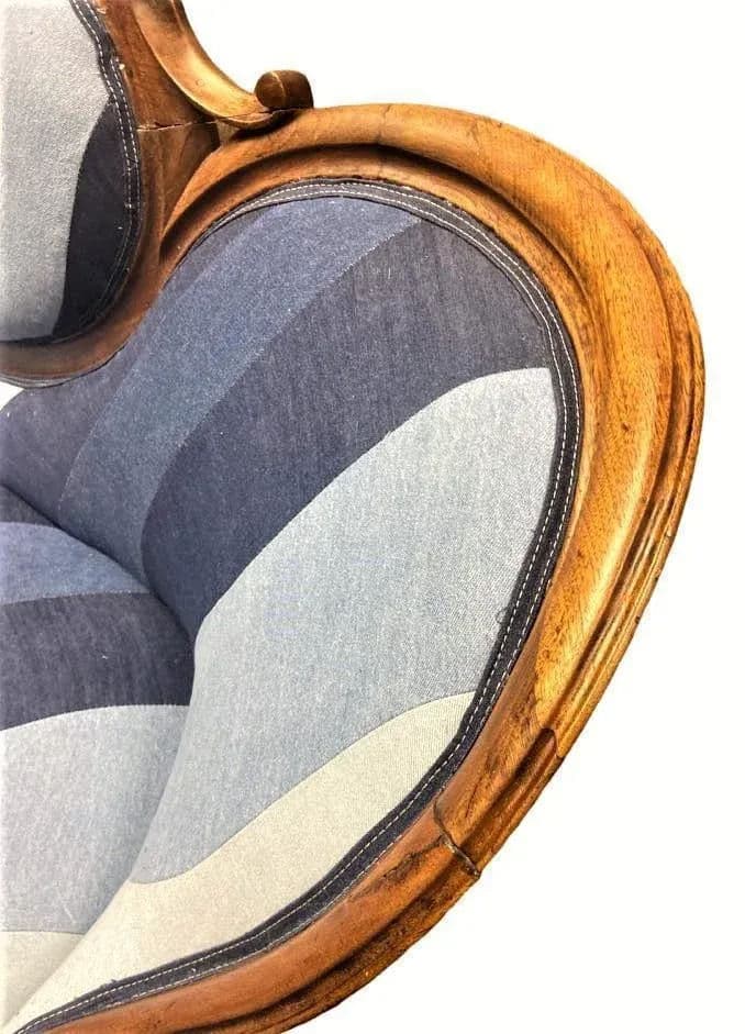 Mid 19th Century Walnut and Burlwood Parlor Medallion Sofa Reupholstered in 'New Wave' Design - Thumbnail 8