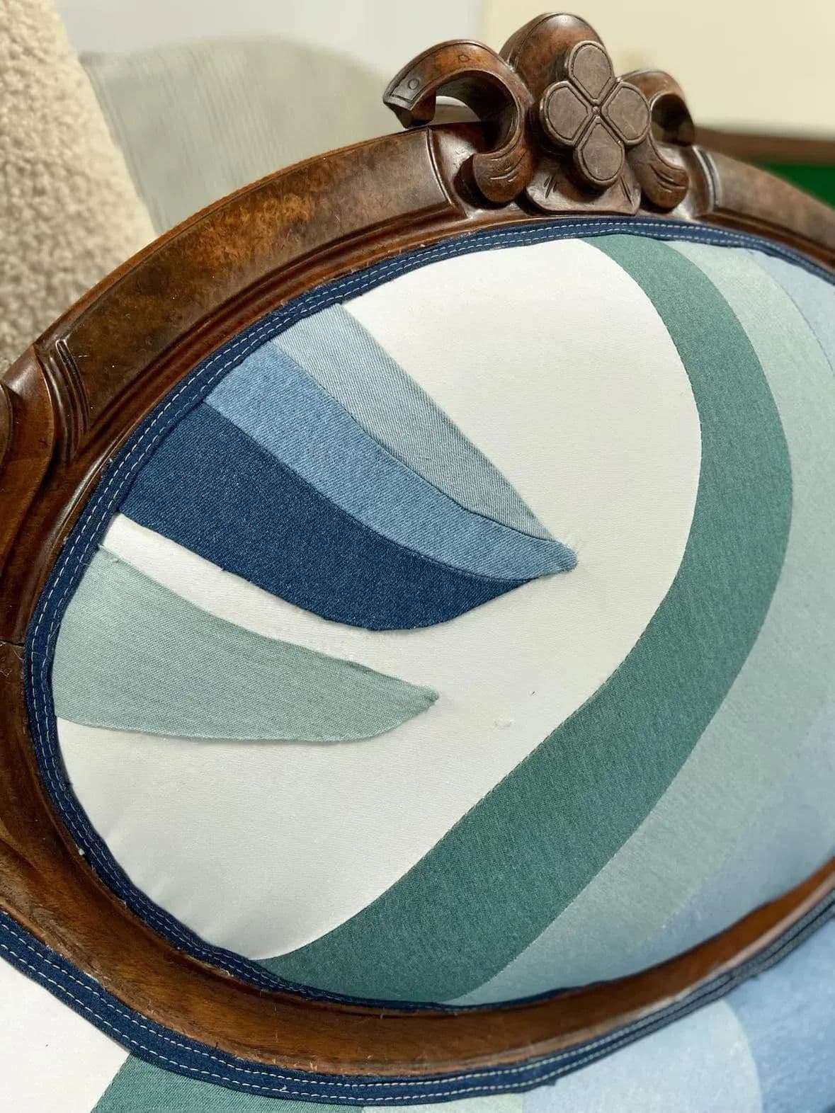 Mid 19th Century Walnut and Burlwood Parlor Medallion Sofa Reupholstered in 'New Wave' Design - Thumbnail 12