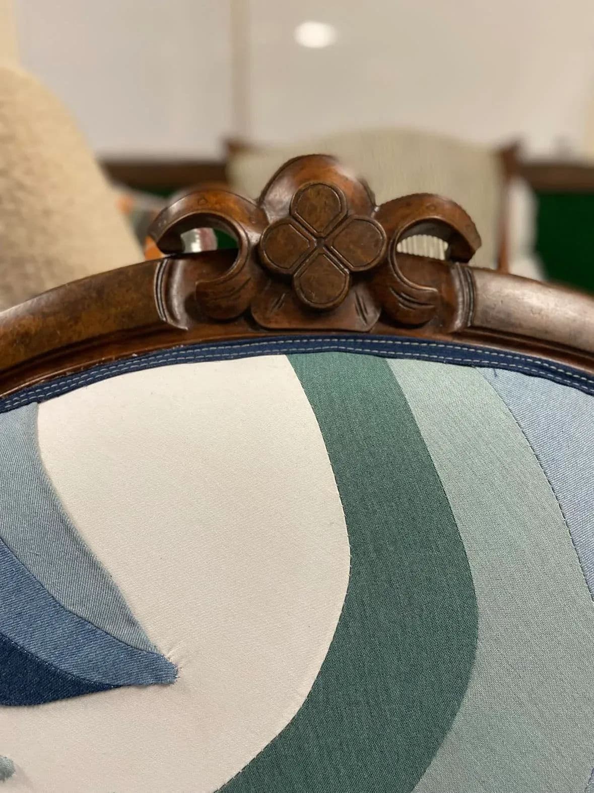 Mid 19th Century Walnut and Burlwood Parlor Medallion Sofa Reupholstered in 'New Wave' Design - Thumbnail 11