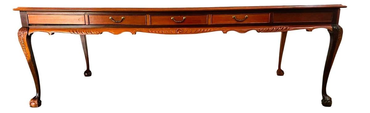 Solid Mahogany and Inlaid Leather Georgian 8' Conference Table - Vintage Circa 1970s - Thumbnail 4