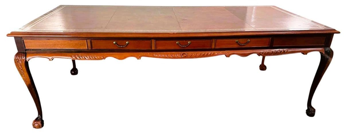 Solid Mahogany and Inlaid Leather Georgian 8' Conference Table - Vintage Circa 1970s - Thumbnail 3