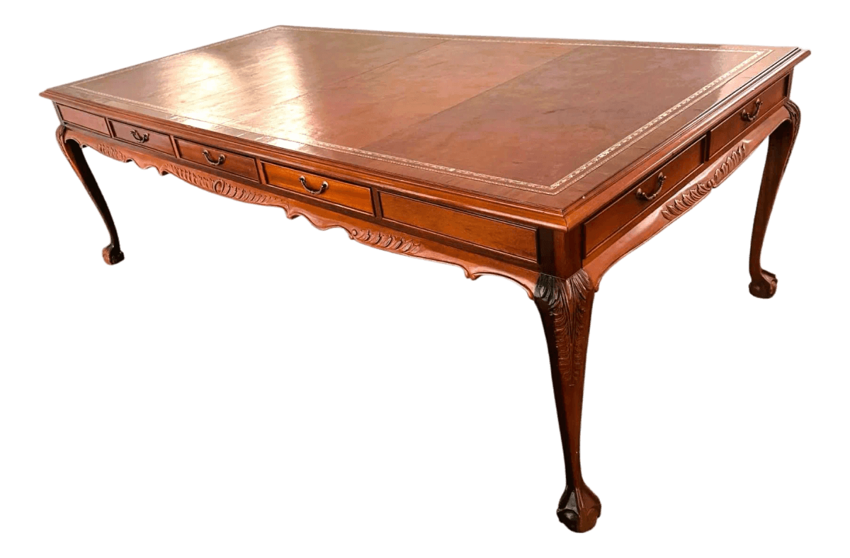 Solid Mahogany and Inlaid Leather Georgian 8' Conference Table - Vintage Circa 1970s - Thumbnail 2