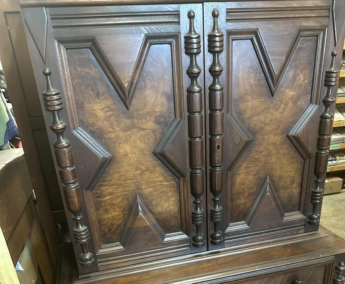 Grand Rapids Antique 1920s Walnut and Burlwood Spanish Revival Liquor Cabinet or Armoire - By Johnson-Handley-Johnson - Thumbnail 7