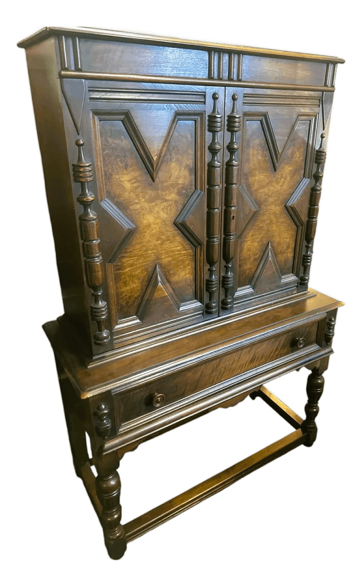 Grand Rapids Antique 1920s Walnut and Burlwood Spanish Revival Liquor Cabinet or Armoire - By Johnson-Handley-Johnson - Thumbnail 2