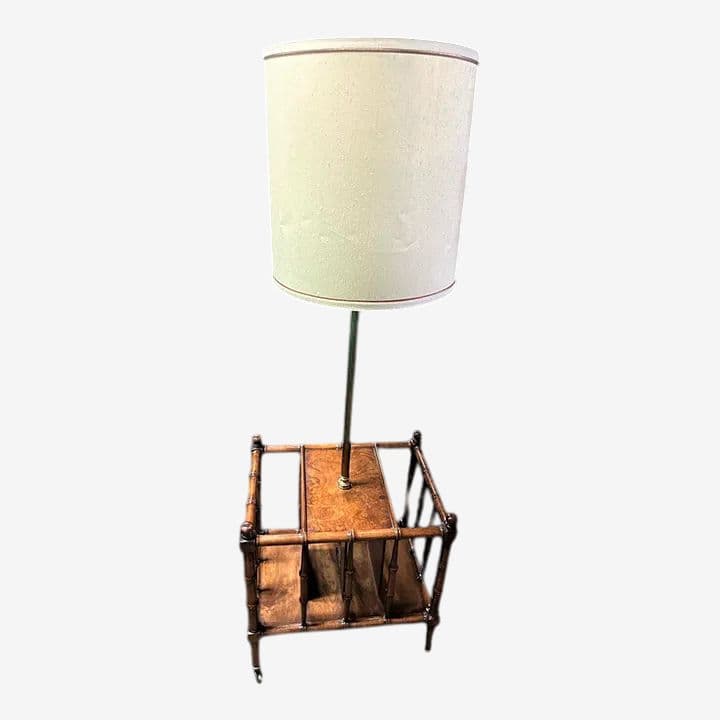 Faux Bamboo Fruitwood and Burlwood Canterbury Style Magazine Table and Floor Lamp - Vintage Mid 20th Century - Image 1