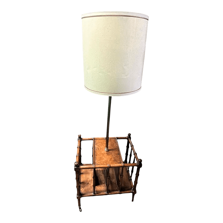 Faux Bamboo Fruitwood and Burlwood Canterbury Style Magazine Table and Floor Lamp - Vintage Mid 20th Century - Thumbnail 2