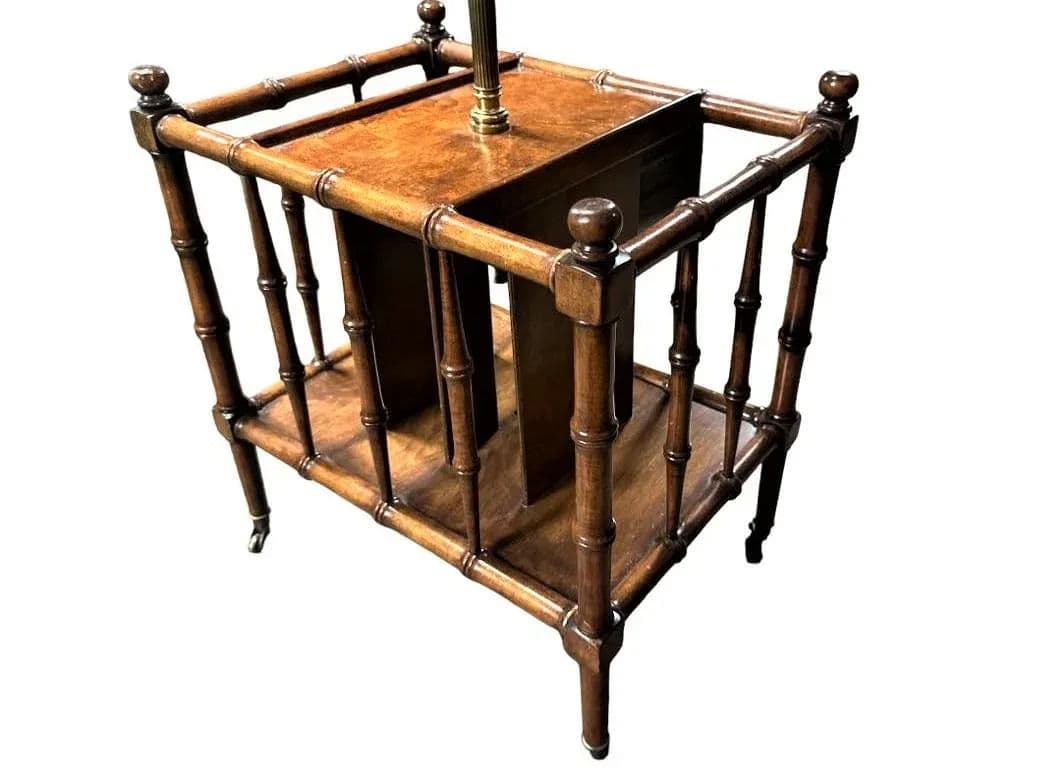 Faux Bamboo Fruitwood and Burlwood Canterbury Style Magazine Table and Floor Lamp - Vintage Mid 20th Century - Thumbnail 3