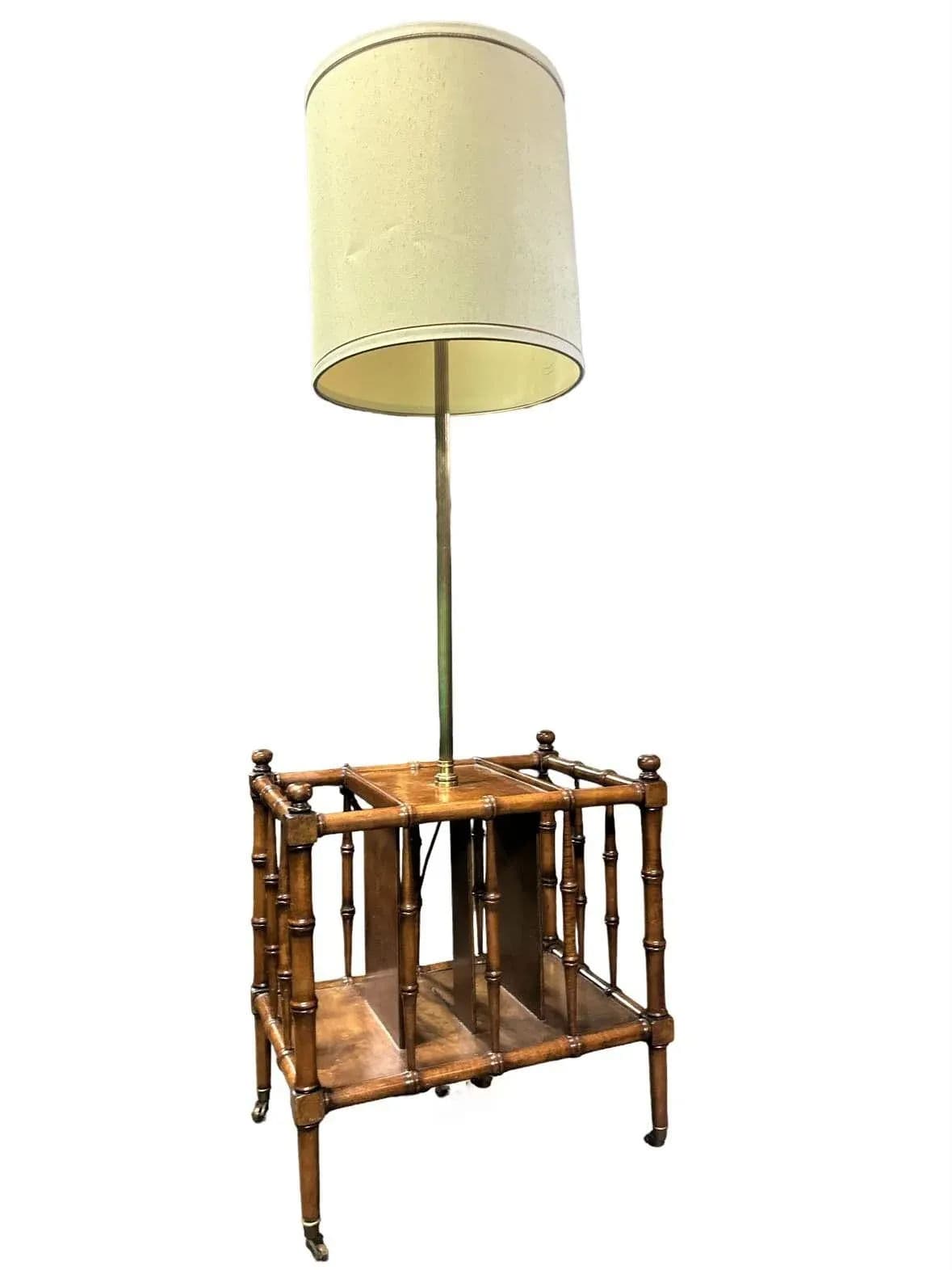 Faux Bamboo Fruitwood and Burlwood Canterbury Style Magazine Table and Floor Lamp - Vintage Mid 20th Century - Thumbnail 4