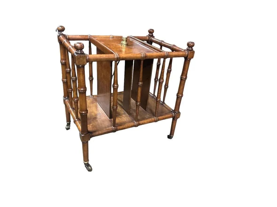 Faux Bamboo Fruitwood and Burlwood Canterbury Style Magazine Table and Floor Lamp - Vintage Mid 20th Century - Thumbnail 6