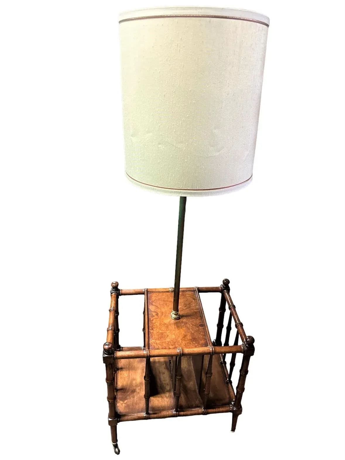 Faux Bamboo Fruitwood and Burlwood Canterbury Style Magazine Table and Floor Lamp - Vintage Mid 20th Century - Thumbnail 9