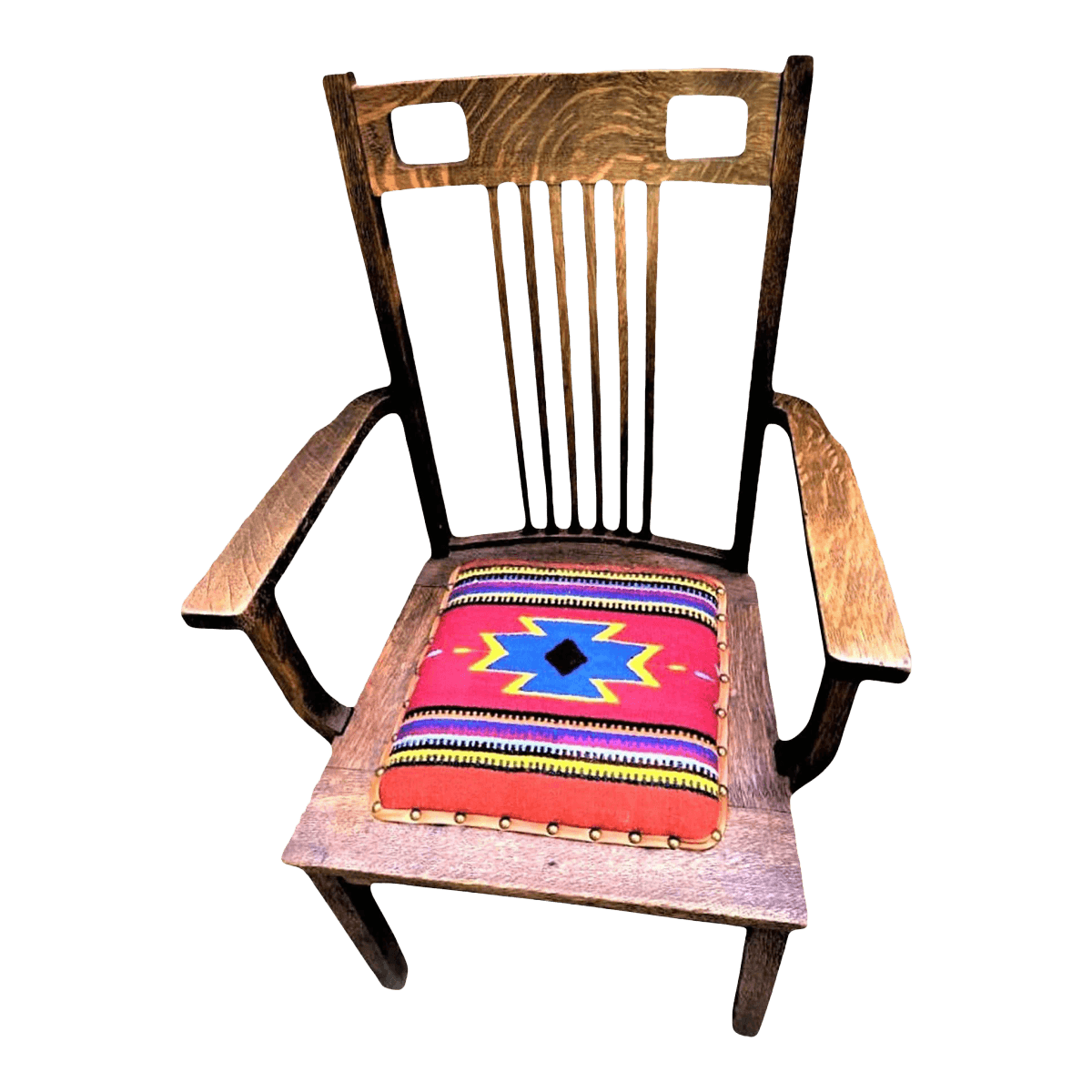 Antique in the Manner of Frank Lloyd Wright - Prairie Style Quarter Sawn Oak Arm Chair With Hand Woven Oaxaca Tapestry Seat - Early 20th Century - Thumbnail 2