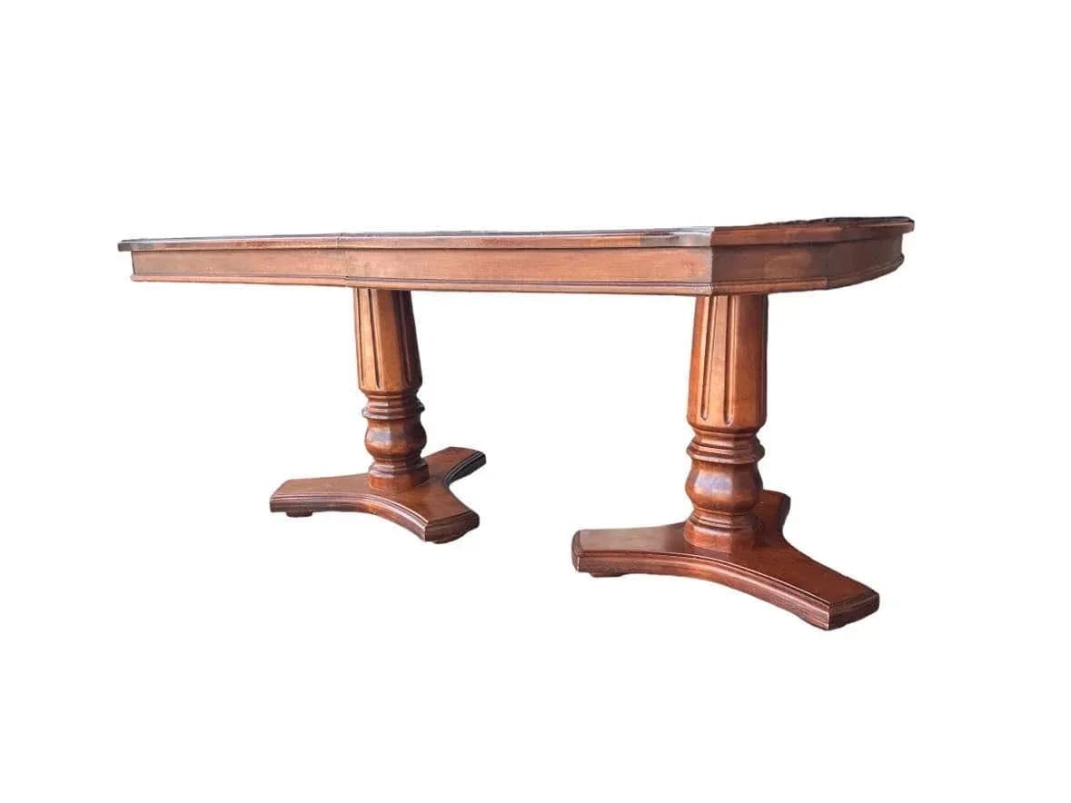 Solid Cherry Wood and Burlwood Double Pedestal Dining Table Expanding to 102" - Vintage Late 20th Century - Thumbnail 3