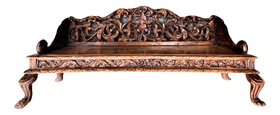 Ornately Carved Teak Bench From South Asia - Mid 20th Century - Thumbnail 5