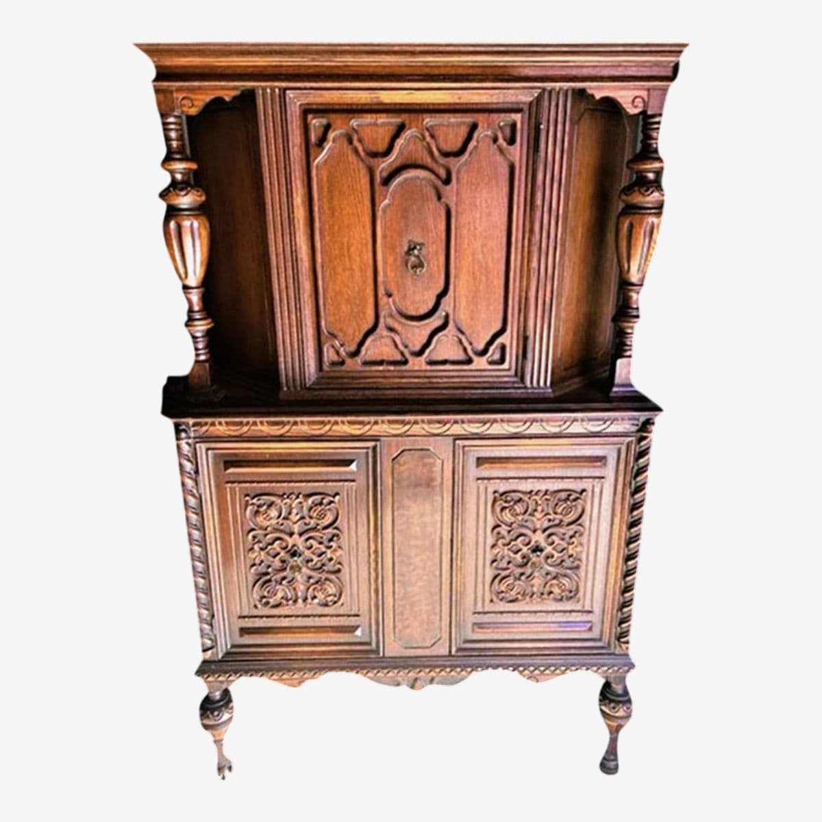 Pomegranate Carving Detailed Spanish Revival Oak Liquor Cabinet or Linen Press - 1920s Antique - Image 1