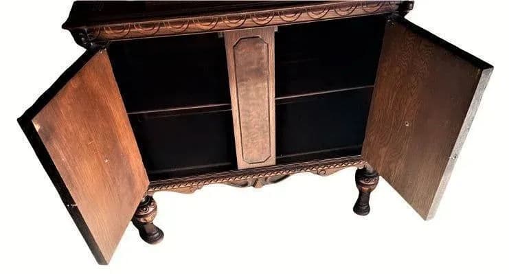 Pomegranate Carving Detailed Spanish Revival Oak Liquor Cabinet or Linen Press - 1920s Antique - Thumbnail 8