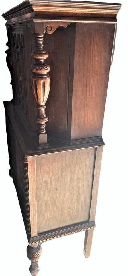 Pomegranate Carving Detailed Spanish Revival Oak Liquor Cabinet or Linen Press - 1920s Antique - Thumbnail 5