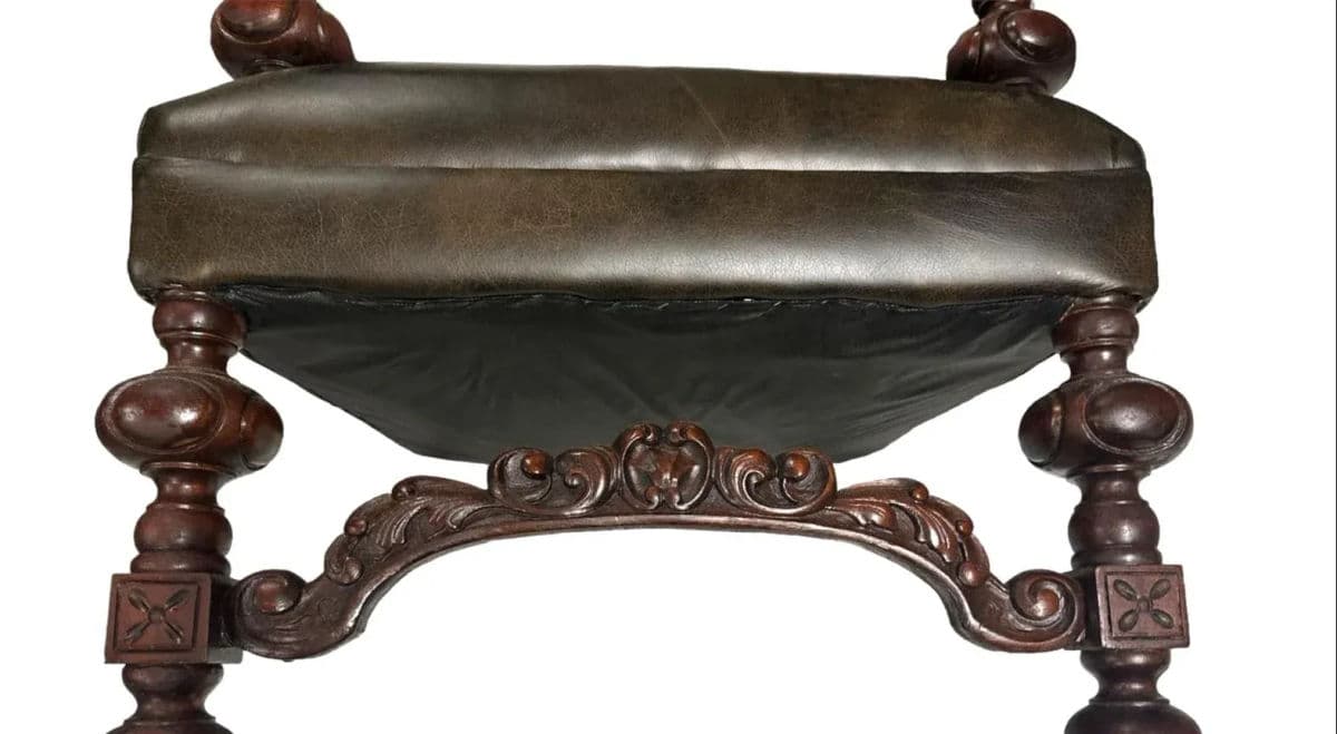 Antique Carved Hacienda Chair Upholstered With Oaxaca Wool Tapestry and Leather - Thumbnail 4