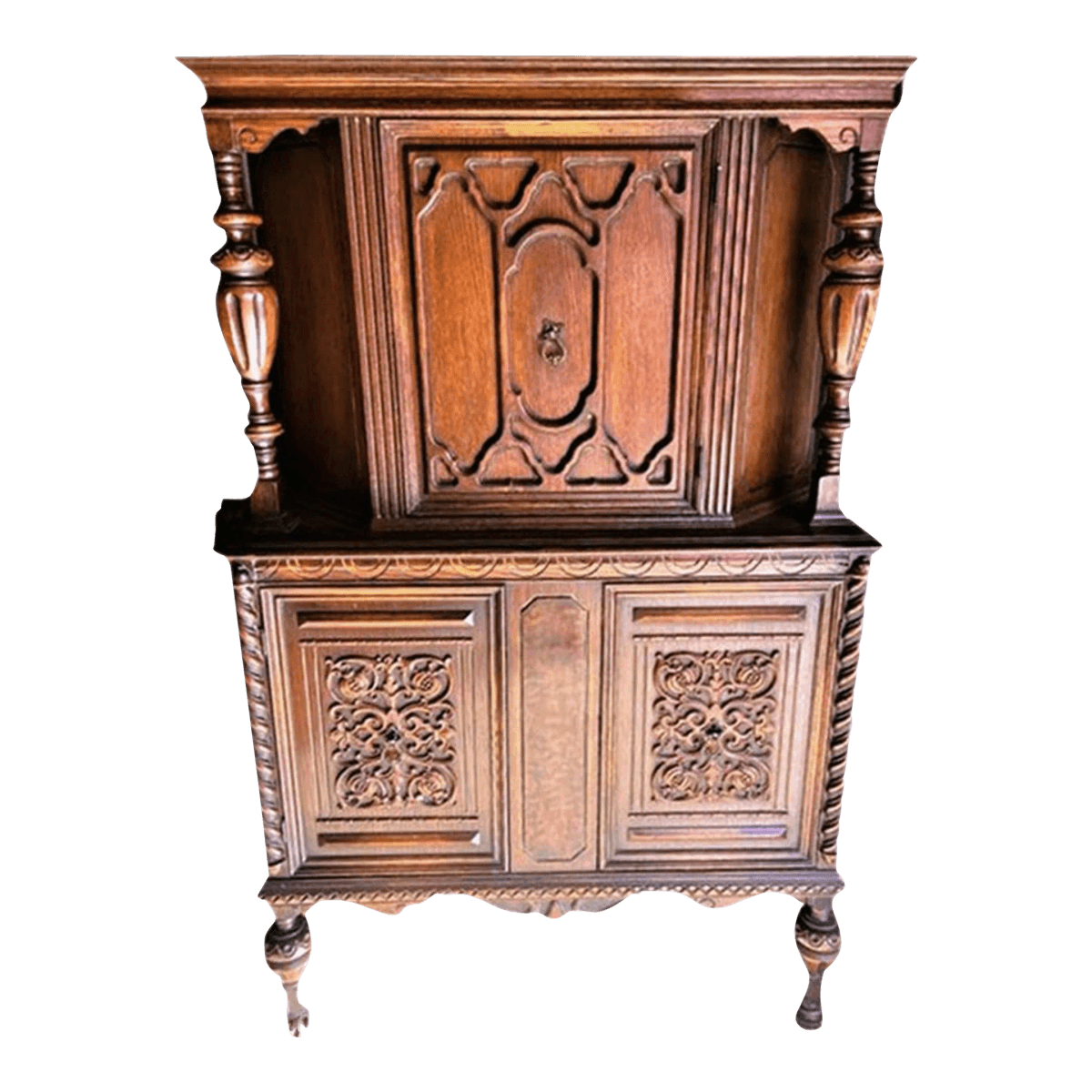 Pomegranate Carving Detailed Spanish Revival Oak Liquor Cabinet or Linen Press - 1920s Antique - Thumbnail 2