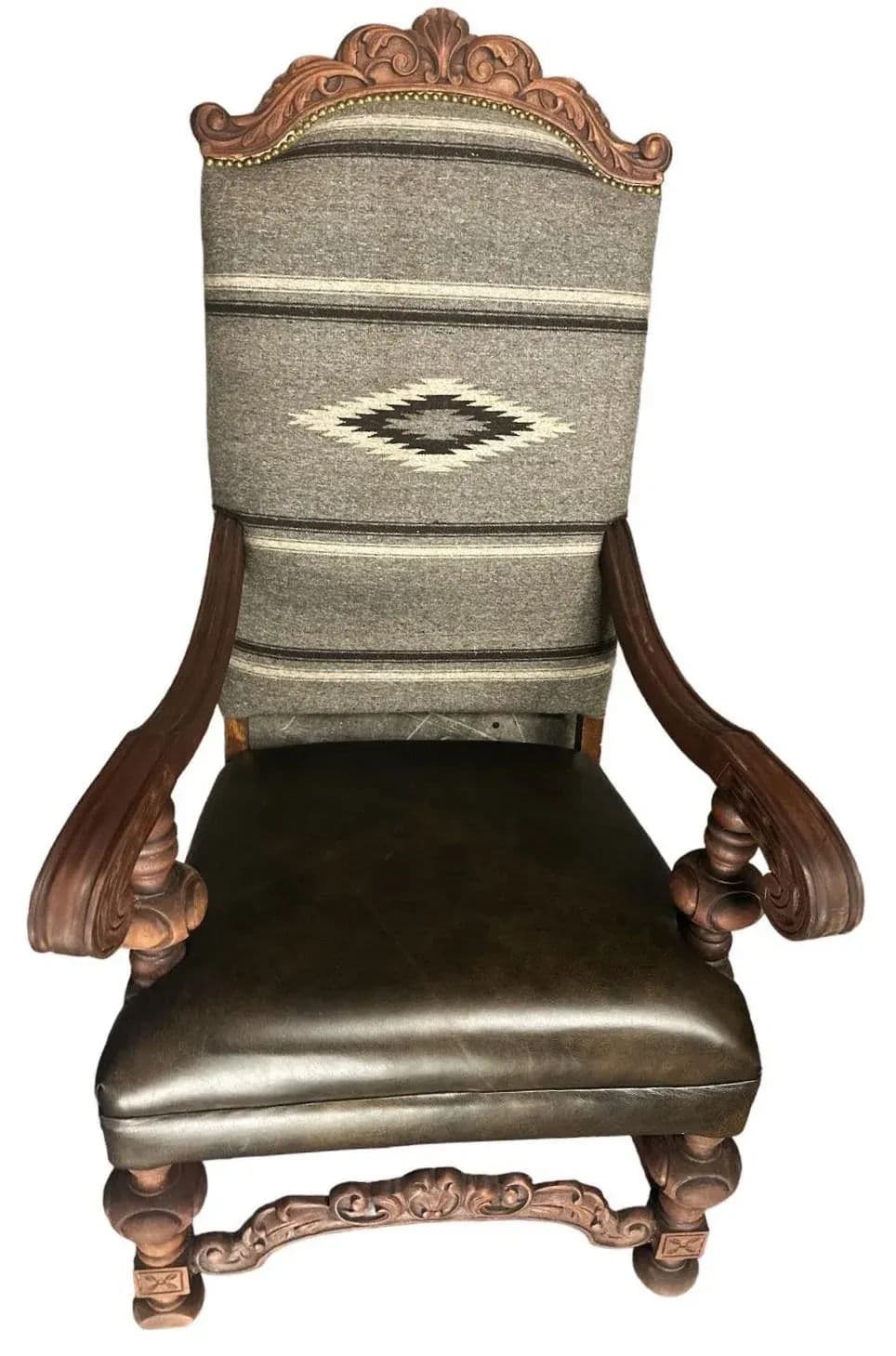 Antique Carved Hacienda Chair Upholstered With Oaxaca Wool Tapestry and Leather - Thumbnail 3