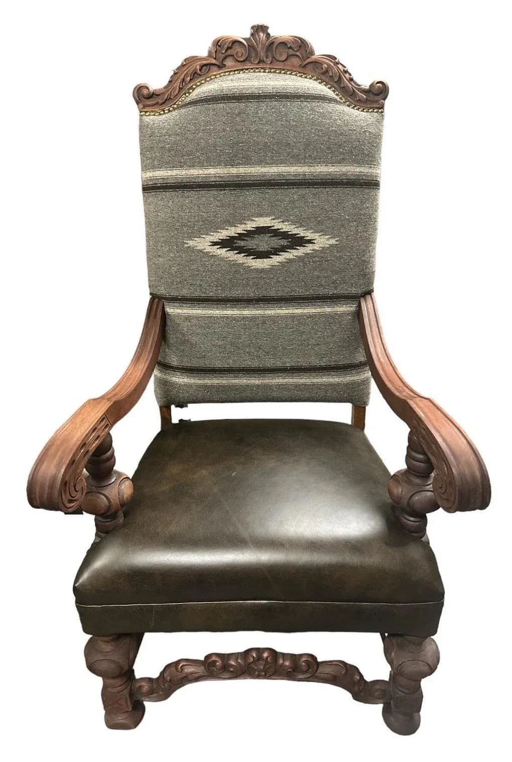Antique Carved Hacienda Chair Upholstered With Oaxaca Wool Tapestry and Leather - Thumbnail 6
