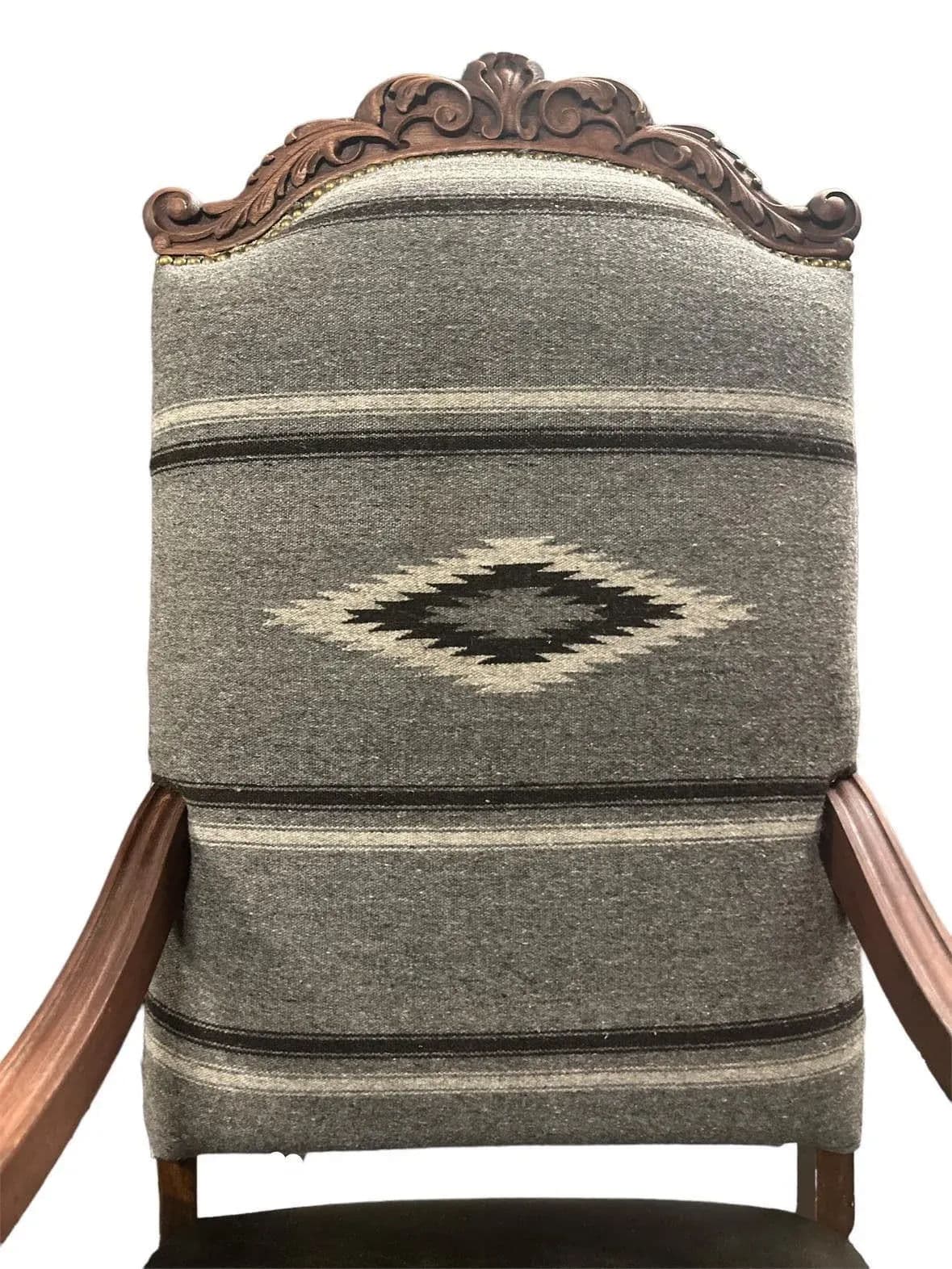 Antique Carved Hacienda Chair Upholstered With Oaxaca Wool Tapestry and Leather - Thumbnail 5