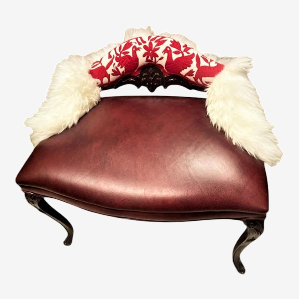 Antique Louis XV Vanity Bench With New Otomi Embroidery, Sheepskin and Leather Upholstery - Image 1