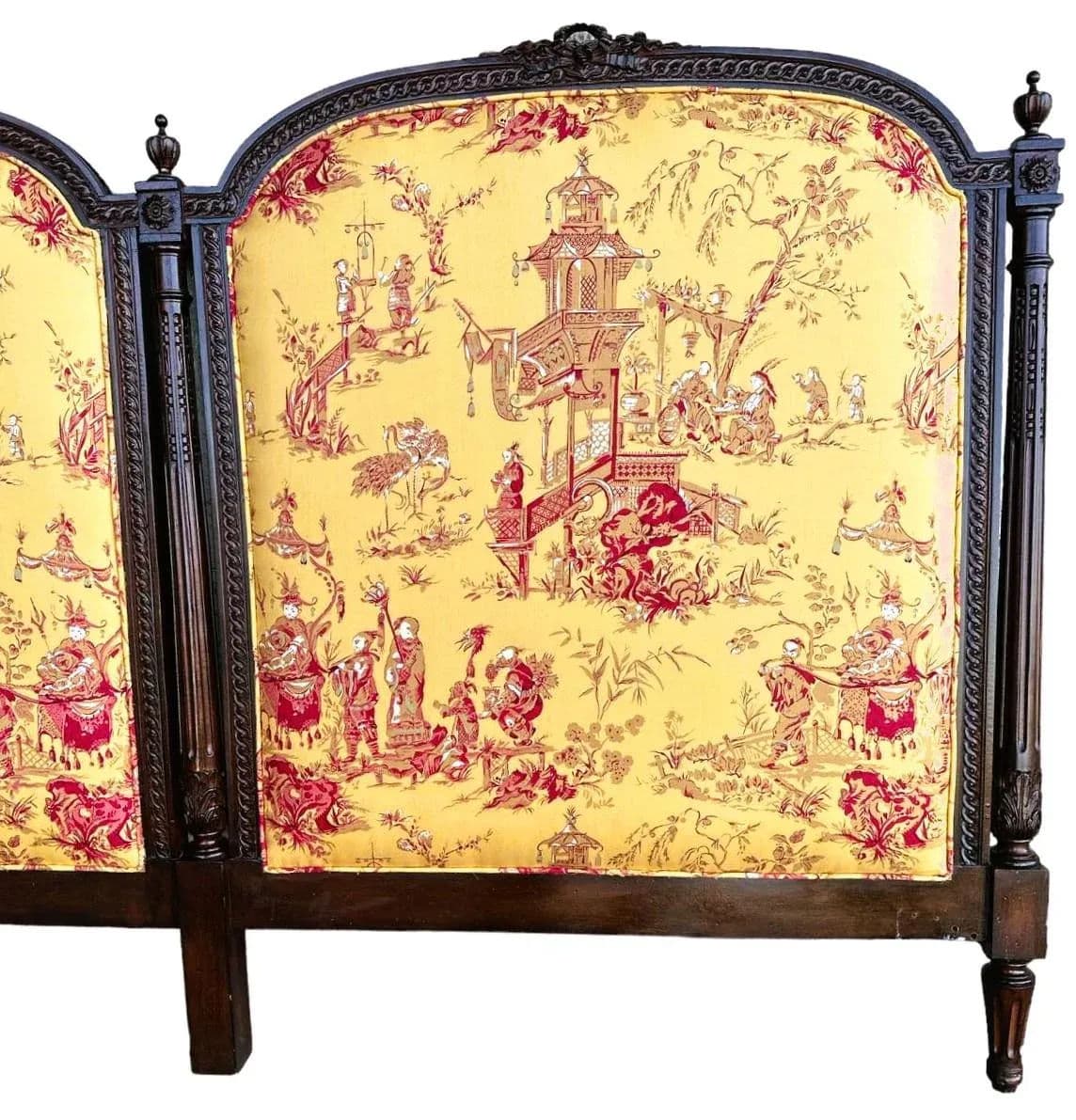 New Schumacher ‘Chinois’ Fabric on Antique Louis XVI King Size Mahogany Headboard - Thumbnail 3