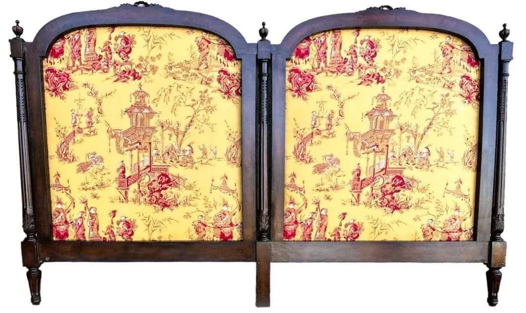 New Schumacher ‘Chinois’ Fabric on Antique Louis XVI King Size Mahogany Headboard - Thumbnail 7