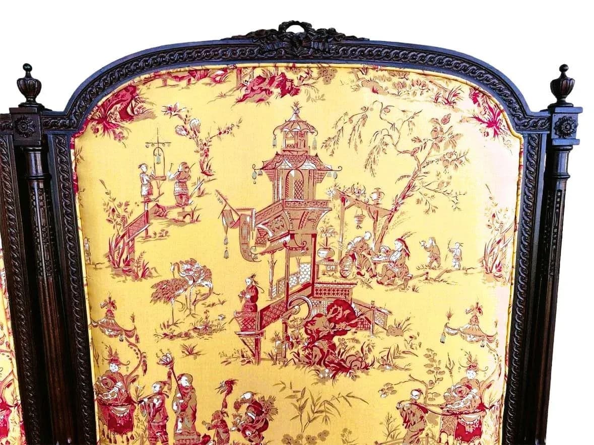 New Schumacher ‘Chinois’ Fabric on Antique Louis XVI King Size Mahogany Headboard - Thumbnail 5