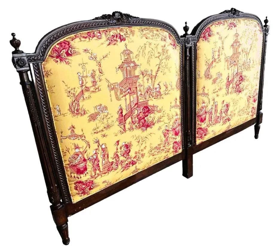 New Schumacher ‘Chinois’ Fabric on Antique Louis XVI King Size Mahogany Headboard - Thumbnail 8