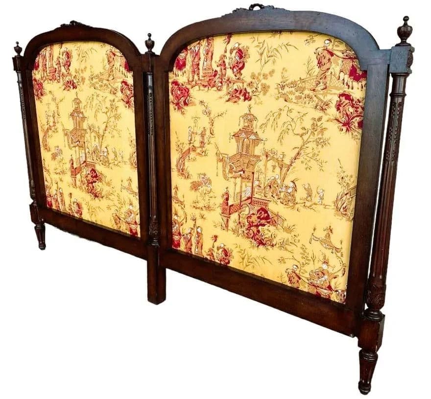New Schumacher ‘Chinois’ Fabric on Antique Louis XVI King Size Mahogany Headboard - Thumbnail 9