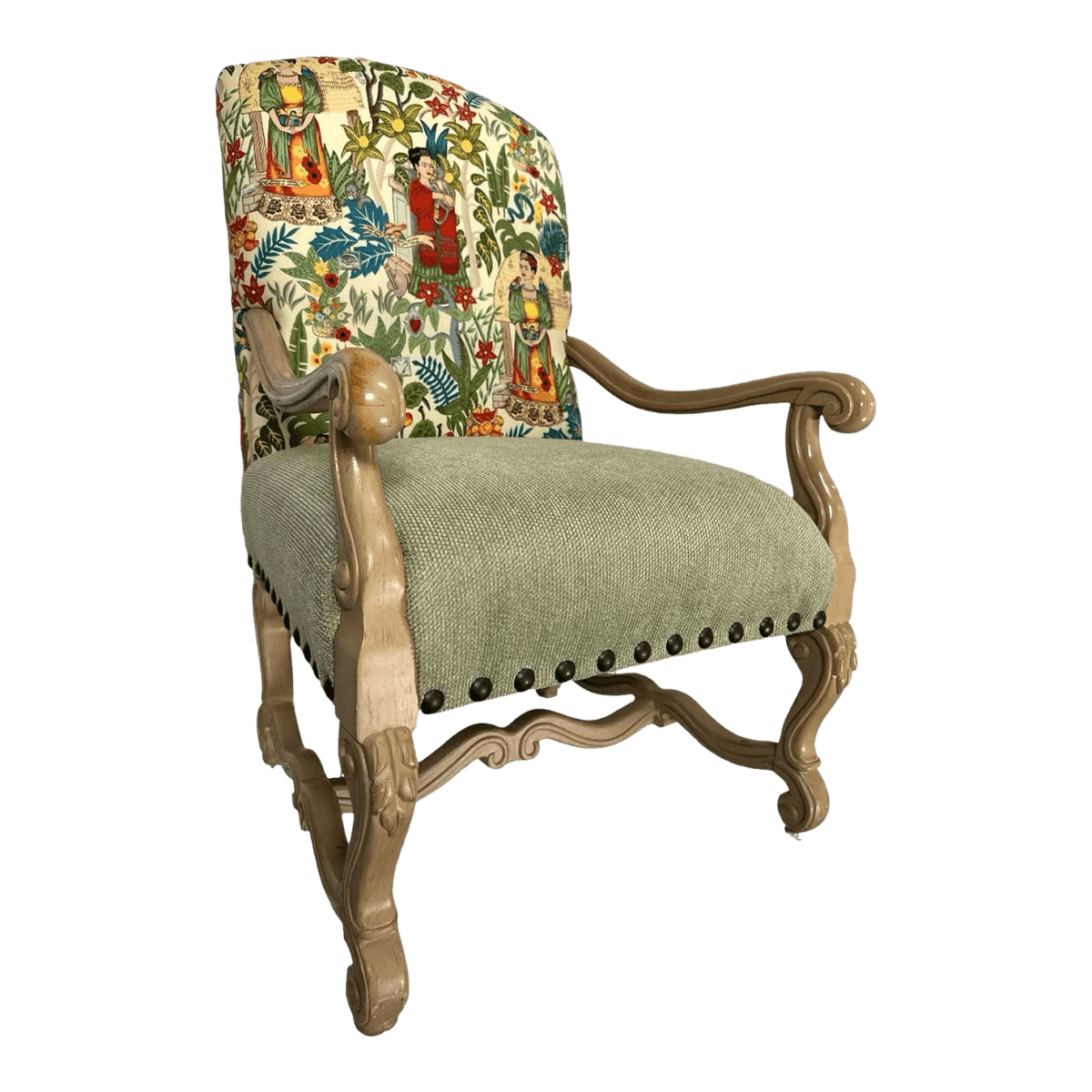 Vintage Hacienda Chair With New Frida’s Garden Fabric Upholstery in Springtime Colors - Thumbnail 2