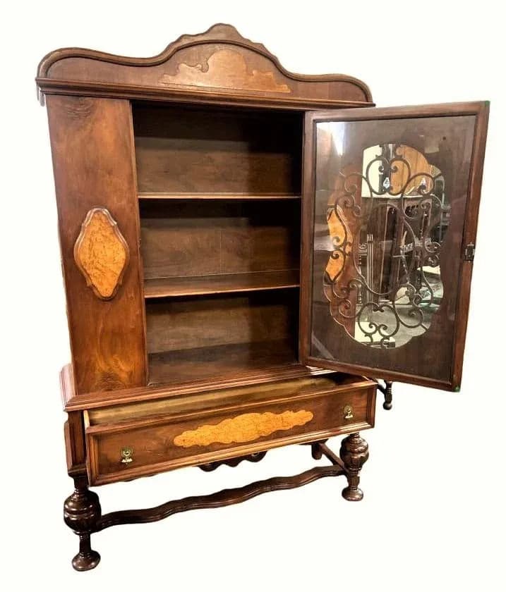 Early 20th Century Antique Spanish Revival Walnut and Burlwood China Cabinet - Thumbnail 3