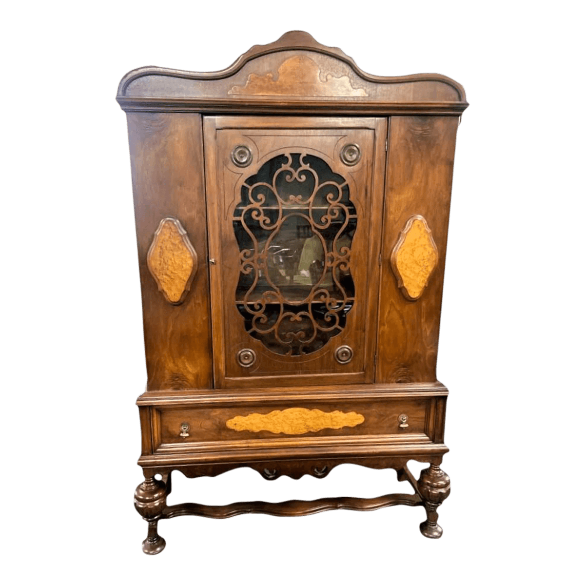 Early 20th Century Antique Spanish Revival Walnut and Burlwood China Cabinet - Thumbnail 2