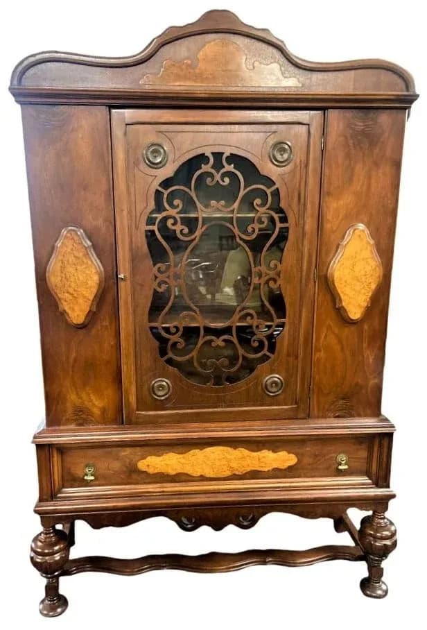 Early 20th Century Antique Spanish Revival Walnut and Burlwood China Cabinet - Thumbnail 10