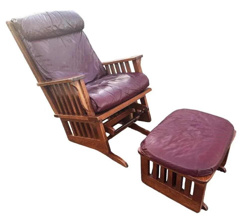 Arts & Crafts Quarter Sawn Oak Glider Rocker and Ottoman Set - Vintage Late 20th Century - Thumbnail 3