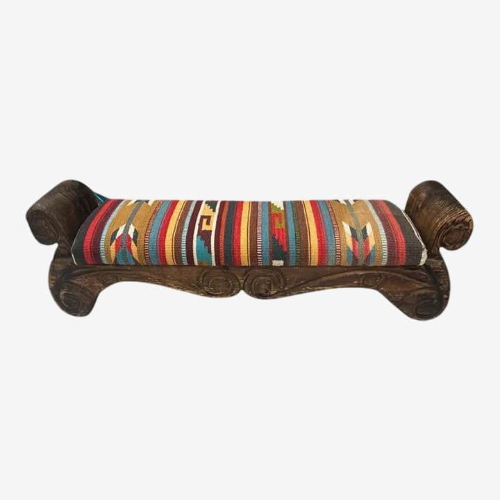 Rustic Hand Carved Mexican Wooden Bench With New Zapotec Tapestry Seat From Oaxaca - Image 1