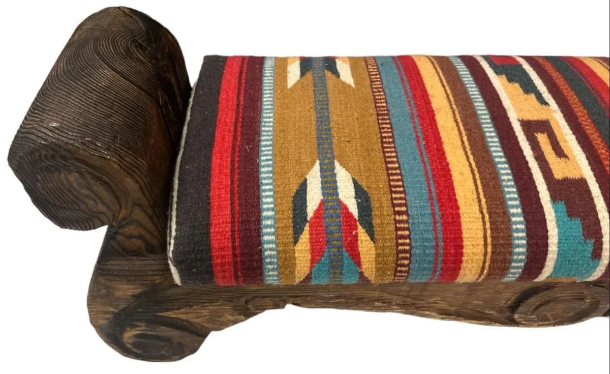 Rustic Hand Carved Mexican Wooden Bench With New Zapotec Tapestry Seat From Oaxaca - Thumbnail 3