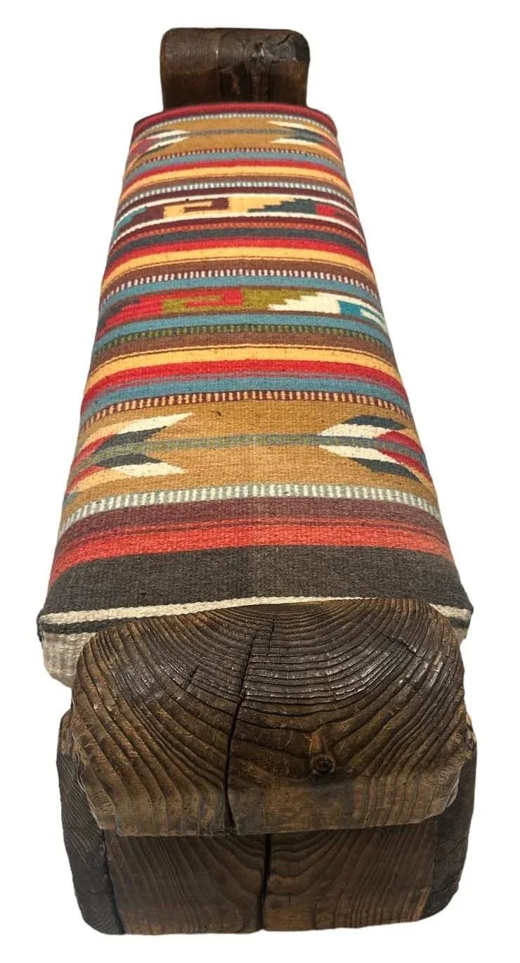 Rustic Hand Carved Mexican Wooden Bench With New Zapotec Tapestry Seat From Oaxaca - Thumbnail 5