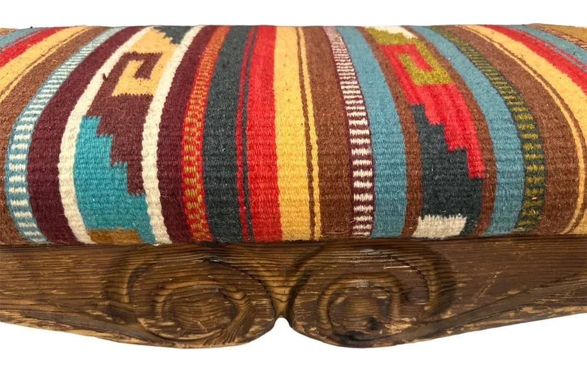 Rustic Hand Carved Mexican Wooden Bench With New Zapotec Tapestry Seat From Oaxaca - Thumbnail 4