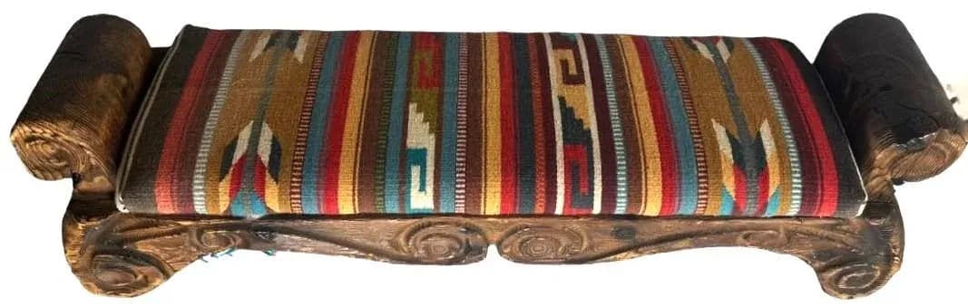 Rustic Hand Carved Mexican Wooden Bench With New Zapotec Tapestry Seat From Oaxaca - Thumbnail 8