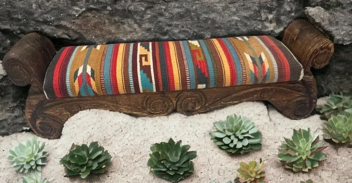 Rustic Hand Carved Mexican Wooden Bench With New Zapotec Tapestry Seat From Oaxaca - Thumbnail 6