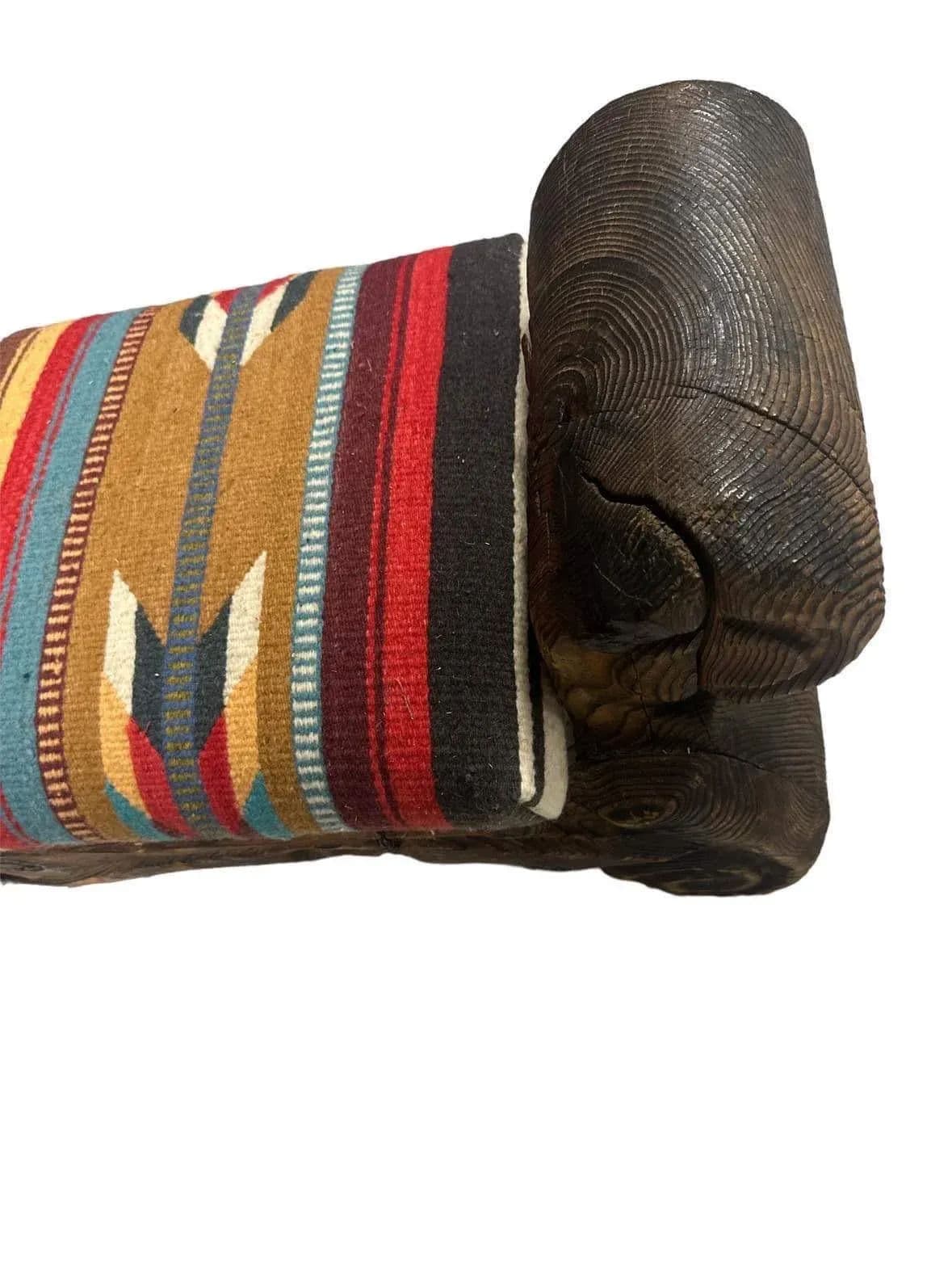 Rustic Hand Carved Mexican Wooden Bench With New Zapotec Tapestry Seat From Oaxaca - Thumbnail 9