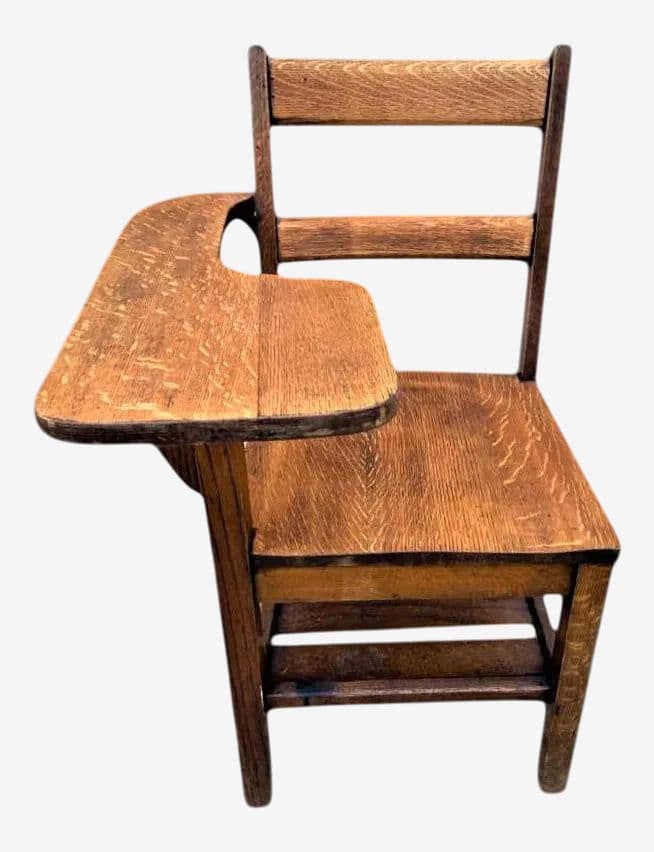 1910 Arts & Crafts Antique Quarter Sawn Oak Chair With Student Writing Surface - Image 1