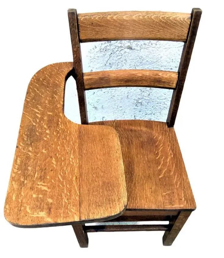 1910 Arts & Crafts Antique Quarter Sawn Oak Chair With Student Writing Surface - Thumbnail 5