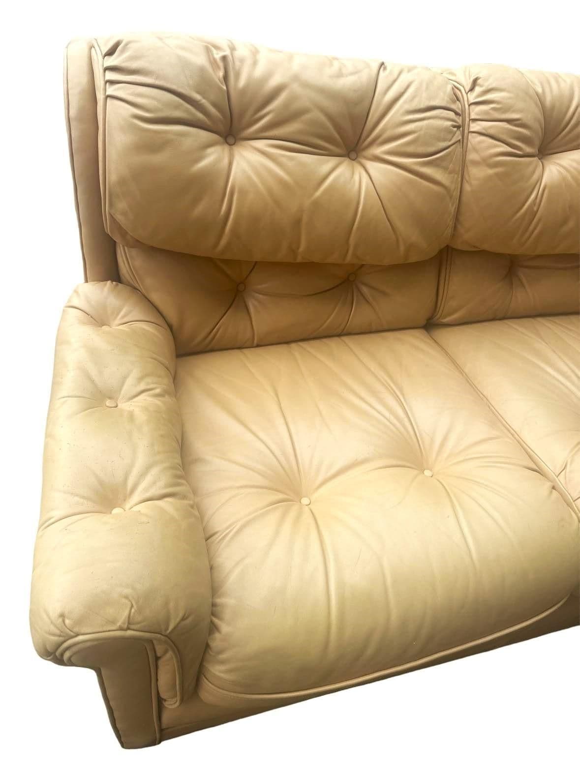 Vintage Leather Tufted Sofa Made in Hickory, North Carolina - Light Tan Color - Late 20th Century - Thumbnail 4