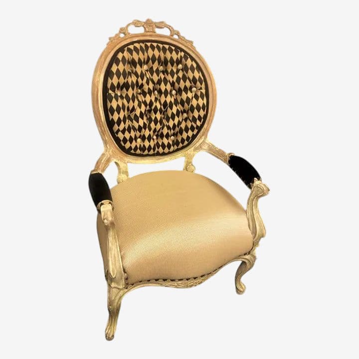 Antique 19th Century Louis XV Fauteuil in Cerused Walnut With New Black and Gold Harlequin Upholstery - Image 1