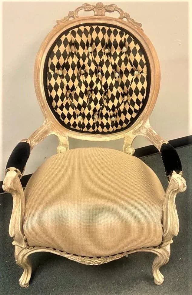 Antique 19th Century Louis XV Fauteuil in Cerused Walnut With New Black and Gold Harlequin Upholstery - Thumbnail 5